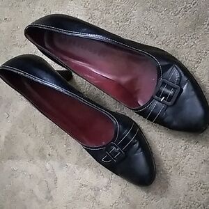 Apostrophe Leather Black Heels with Buckle Embellishment